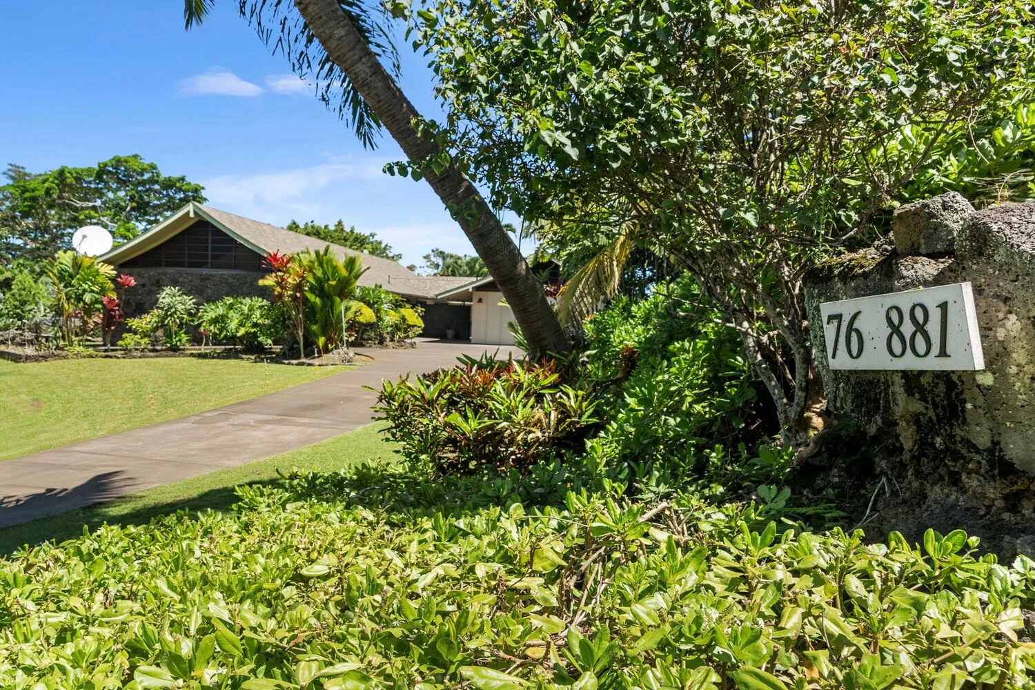 Una casa y una entrada para vehículos están rodeadas de plantas tropicales y árboles.