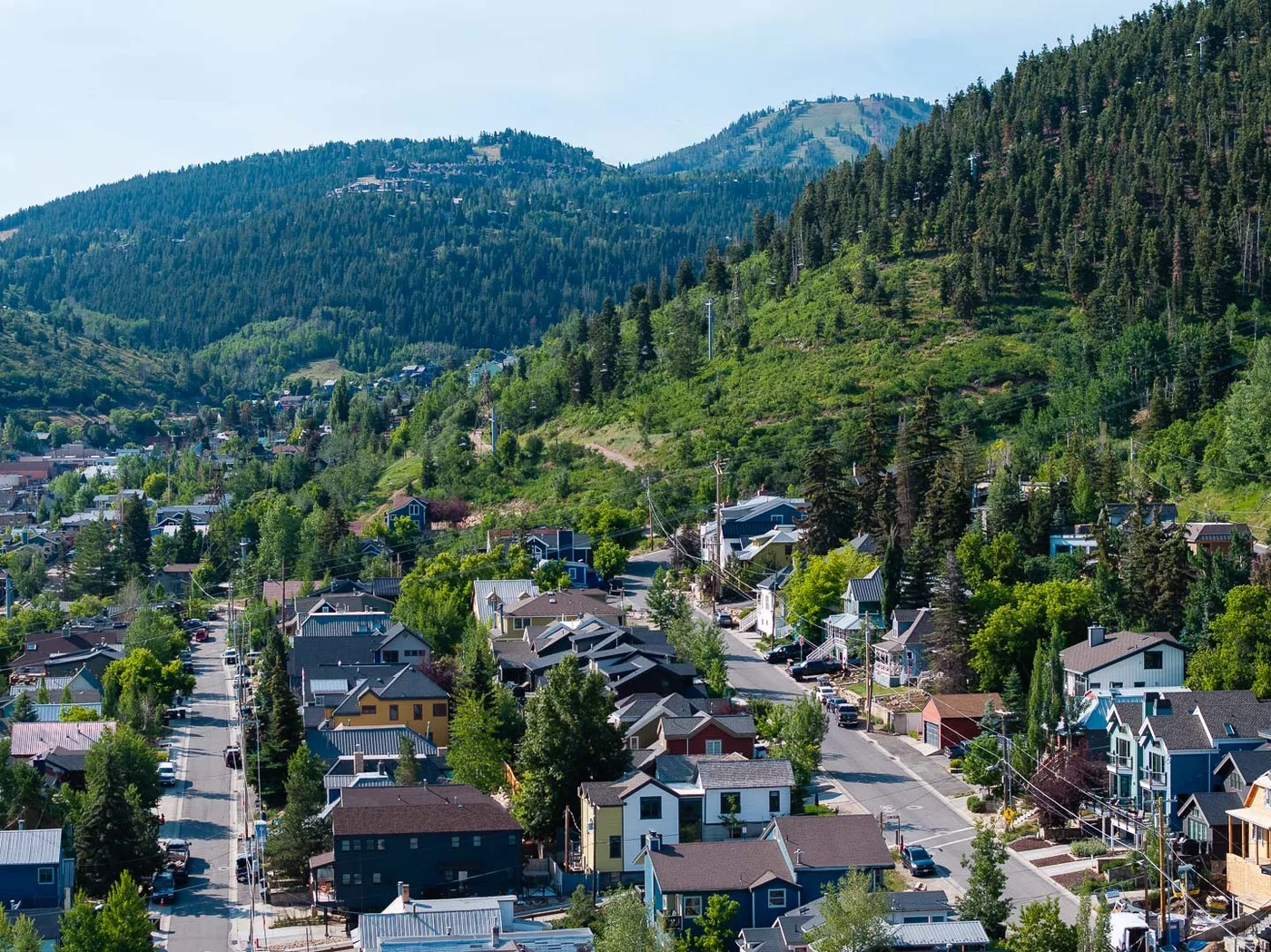 A hillside town with houses and streets below forested mountains.