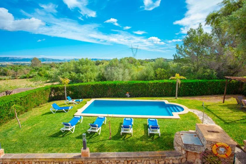 Una piscina está en un jardín con césped, sillas reclinables y árboles al fondo.