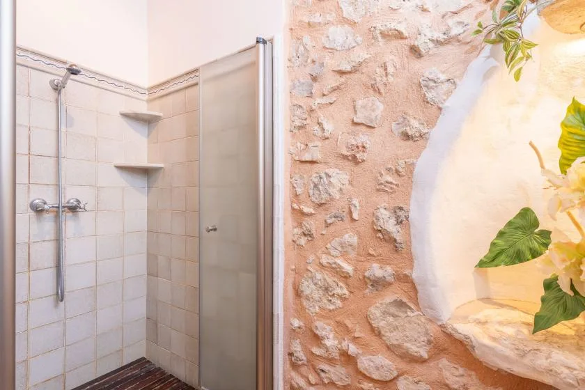 Una zona de ducha alicatada junto a una pared de piedra con un nicho arqueado iluminado.