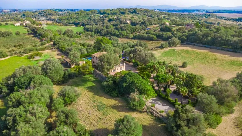 Vista aérea de una propiedad rural rodeada de árboles y campos abiertos.