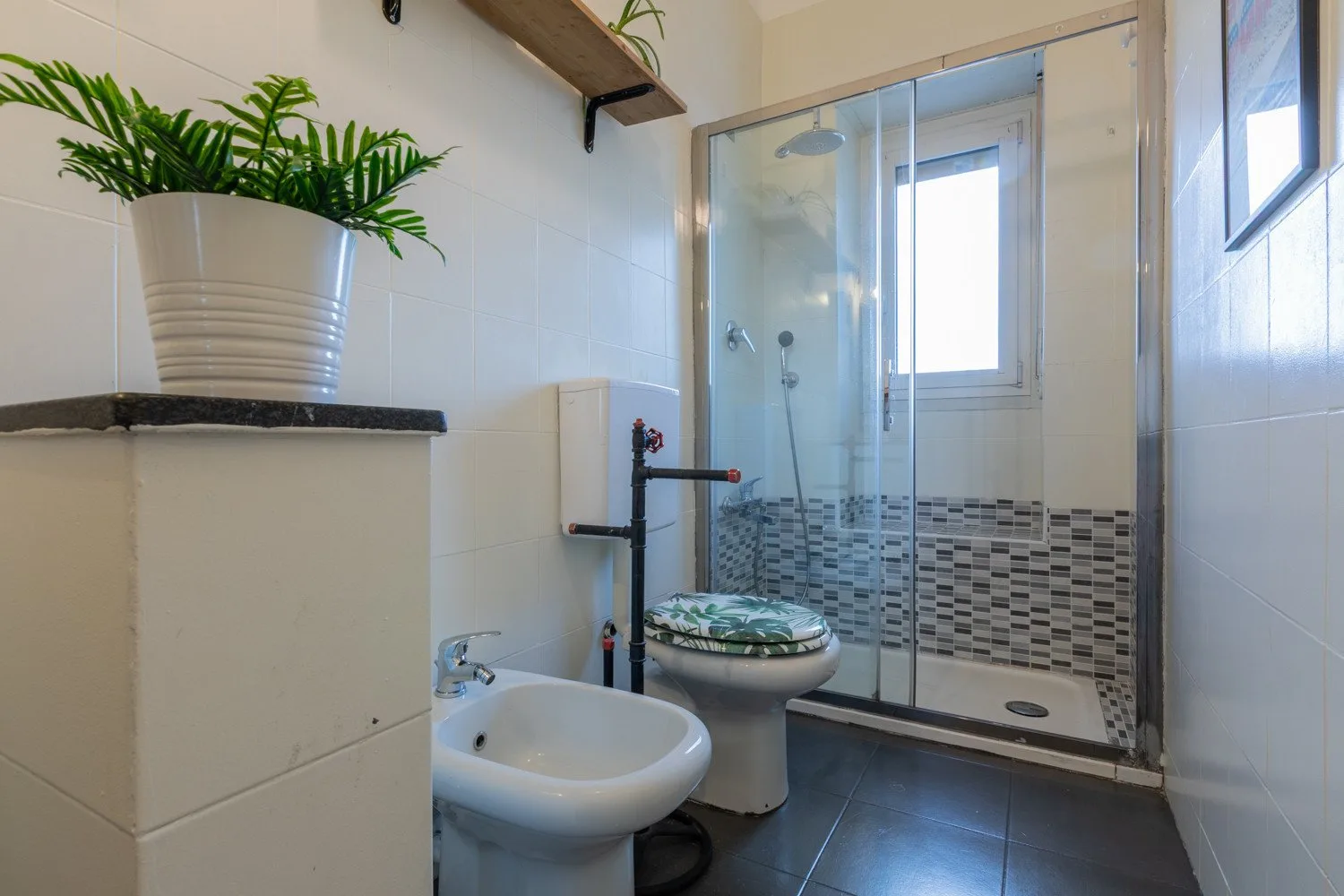 Un baño alicatado con ducha de cristal, inodoro y lavabo.