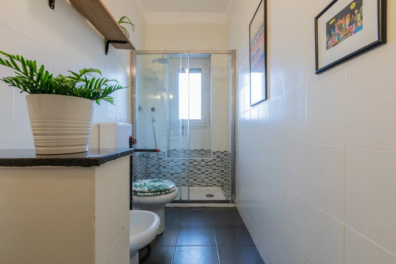 Un baño alicatado con una ducha de vidrio y una planta en la encimera.