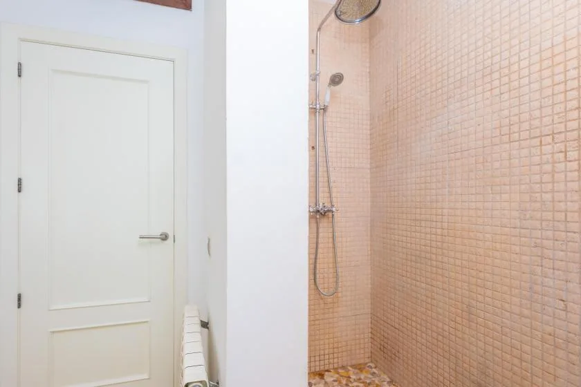 Una zona de ducha con azulejos está junto a una puerta blanca con paneles.