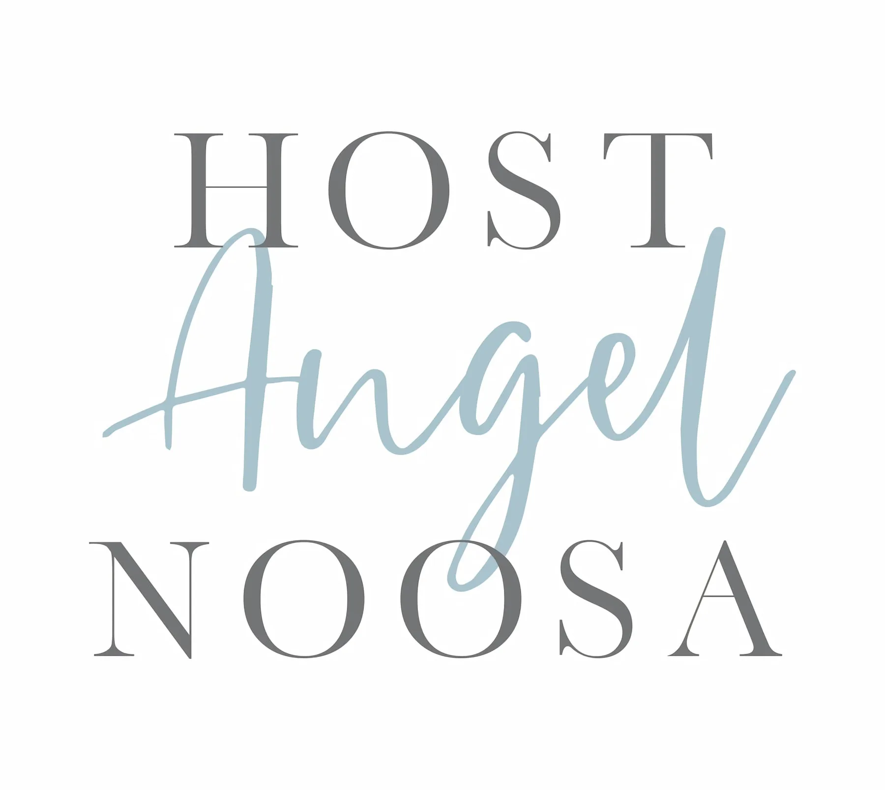 A white graphic displays the words “Host Angel Noosa” in gray and pale blue lettering.