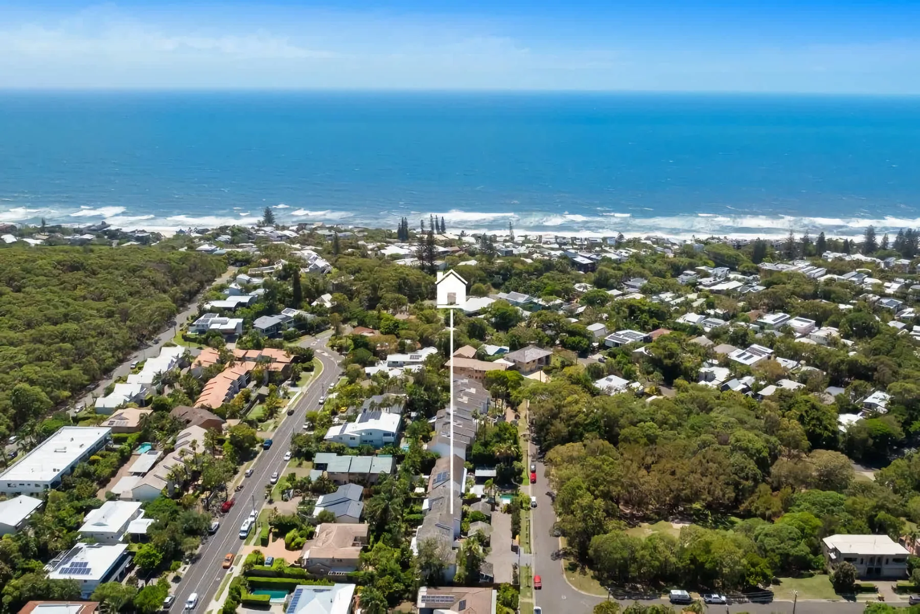 Aerial view of a coastal neighborhood with homes, trees, and the ocean beyond.