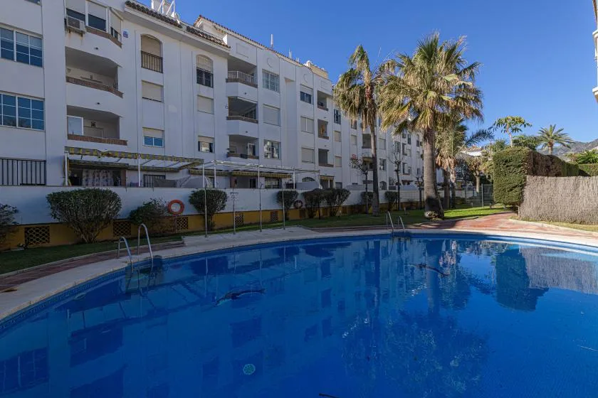 An outdoor swimming pool sits beside an apartment building and palm trees.