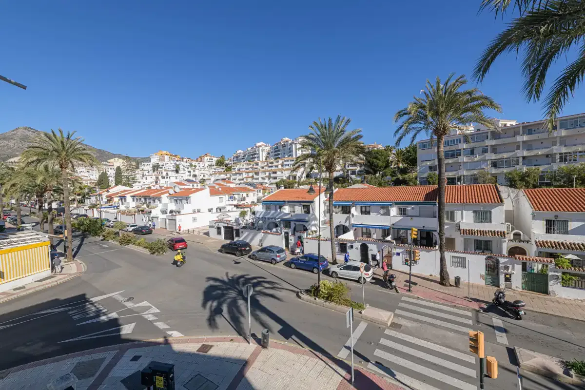 A sunny urban street lined with low-rise buildings and palm trees.