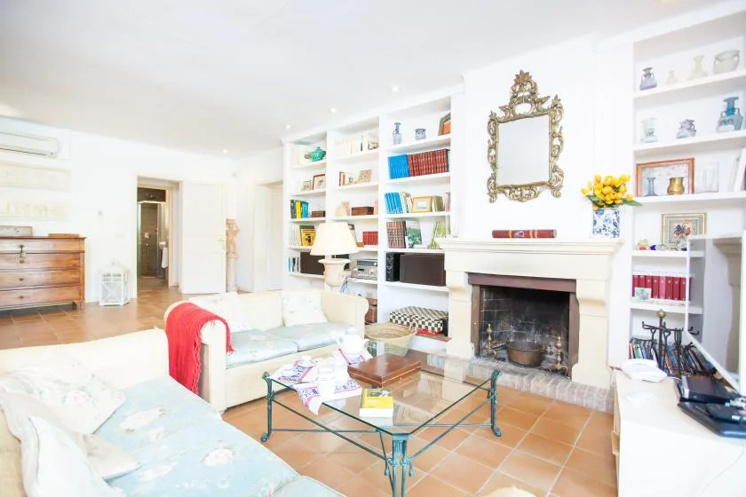 A bright living room with seating, built-in shelves, and a fireplace.