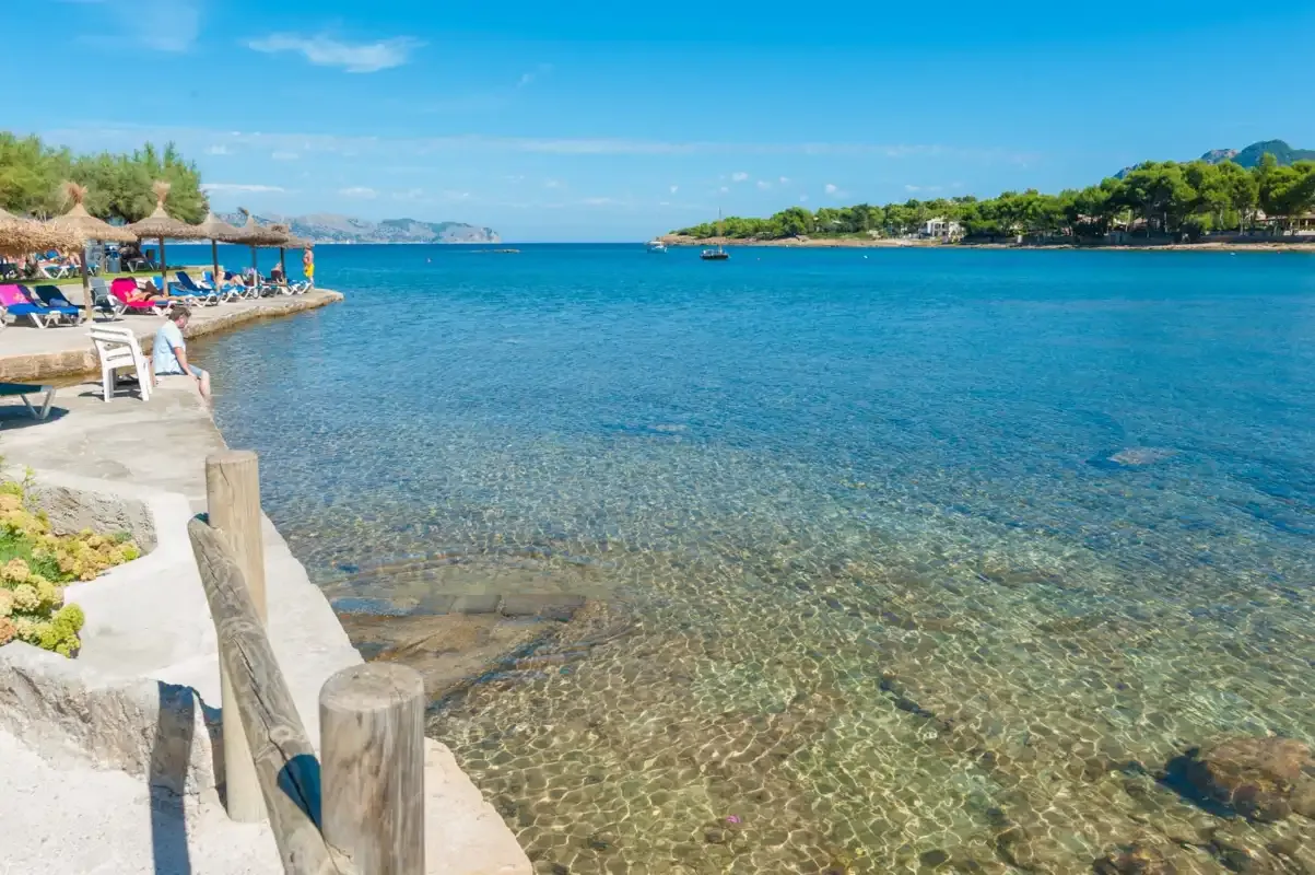 A sunny coastal cove with clear blue water and a rocky shoreline.