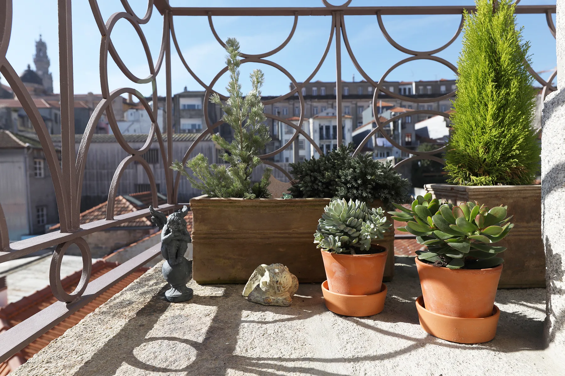 Un balcón soleado con plantas en macetas y una barandilla de metal ornamentada da a edificios cercanos.