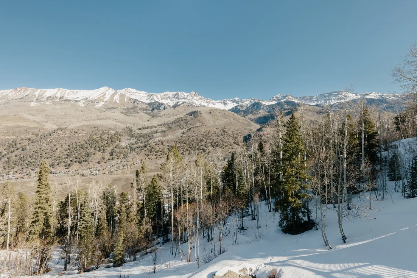 A snowy mountain landscape with evergreen trees and distant peaks beneath a clear sky.