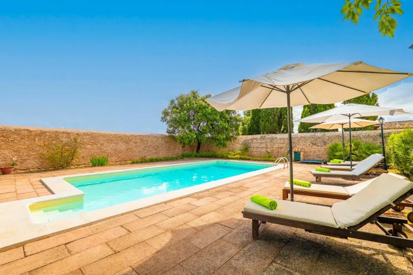 An outdoor swimming pool is surrounded by loungers and large sun umbrellas.