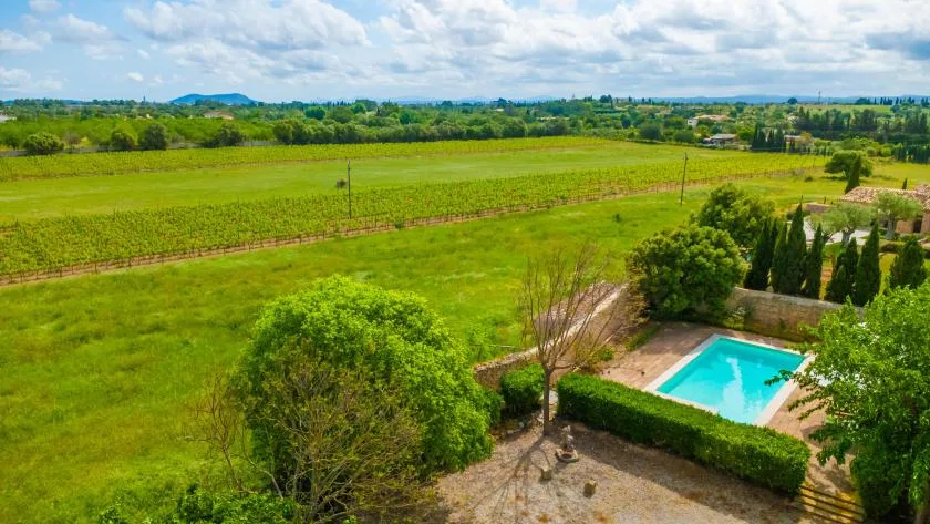 A swimming pool and surrounding greenery sit beside a broad green field.