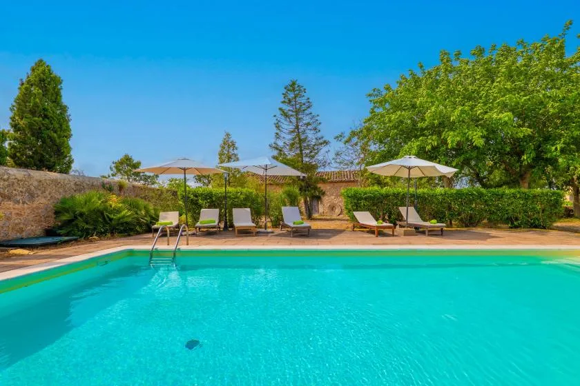 An outdoor swimming pool with lounge seating and umbrellas along the far edge.