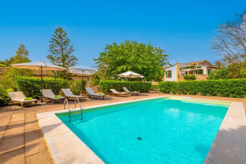 An outdoor swimming pool is surrounded by lounge seating and greenery.