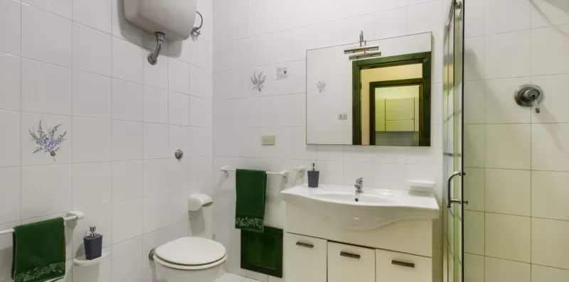 Un baño alicatado con lavabo, espejo e inodoro.
