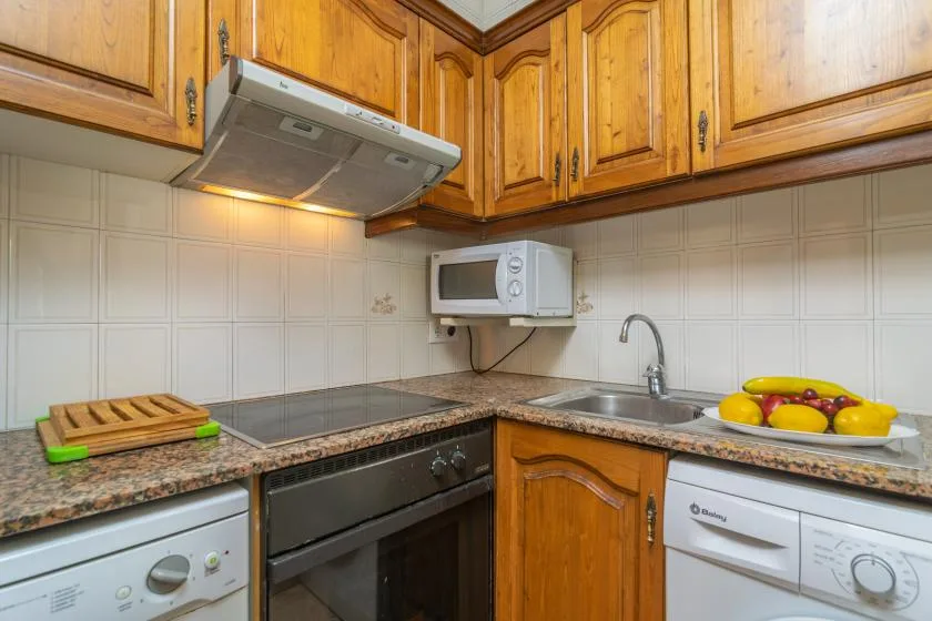 A compact kitchen with wooden cabinets, a cooktop, and a sink.