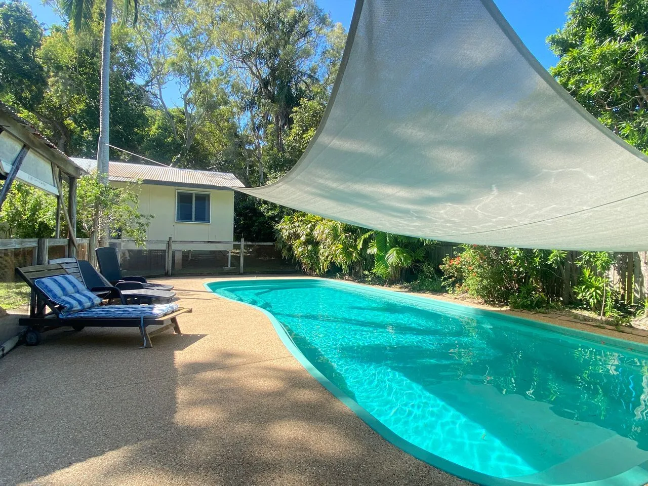 Una piscina al aire libre está bajo una gran cubierta de sombra, rodeada de árboles.