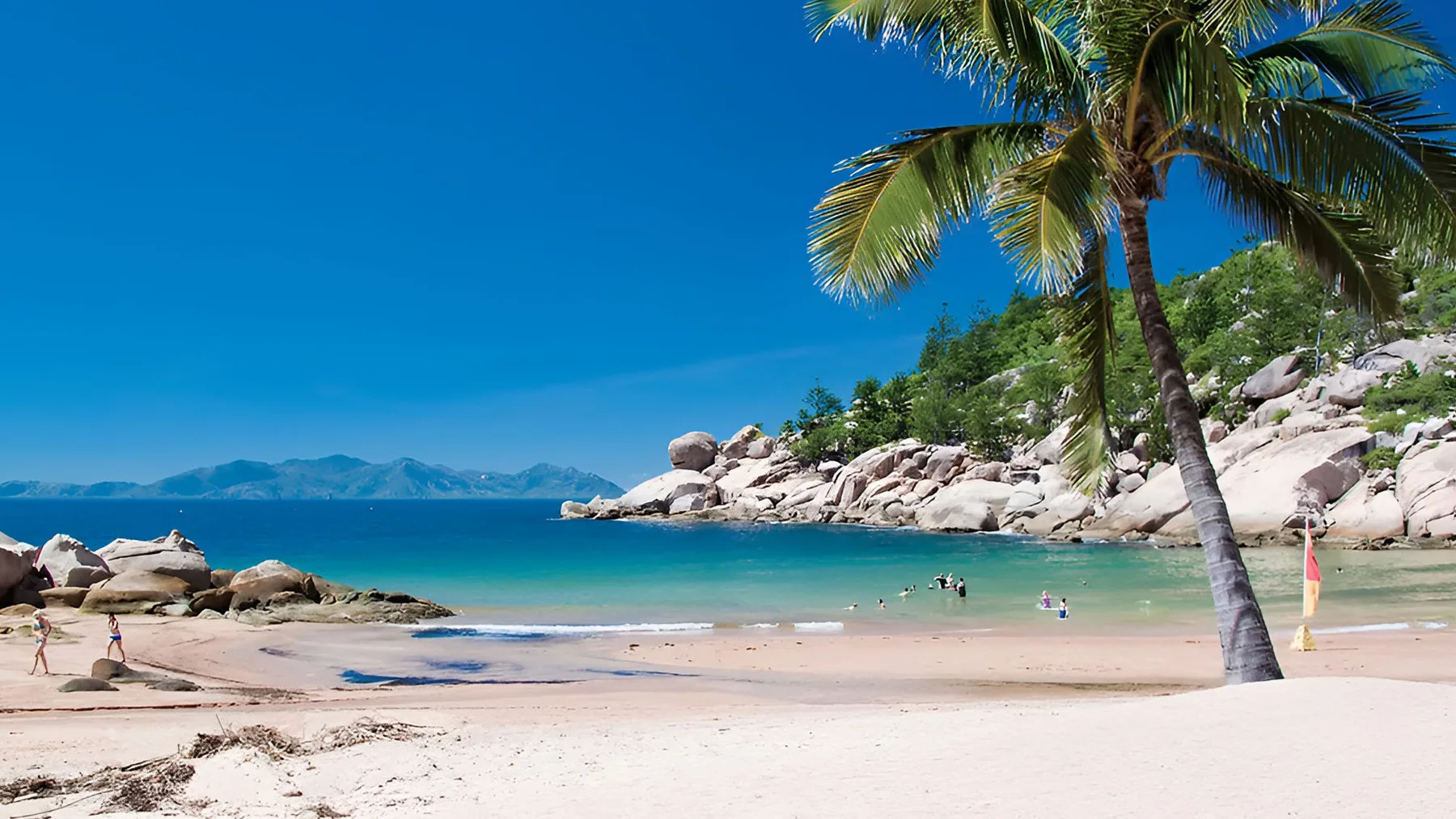 Una playa tropical con palmeras, arena clara y aguas azules tranquilas.