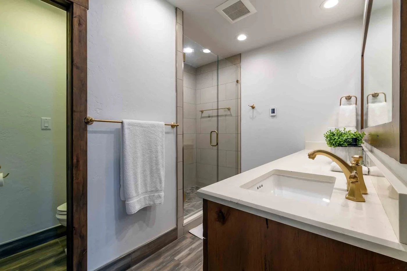 A bathroom with a glass shower and a vanity with a sink.