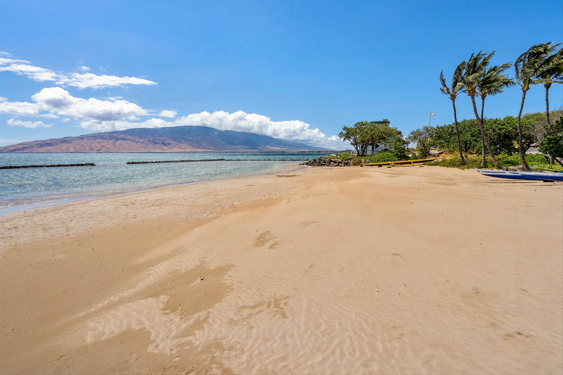 Una playa de arena se extiende junto al agua azul tranquila, con palmeras y montañas a lo lejos.