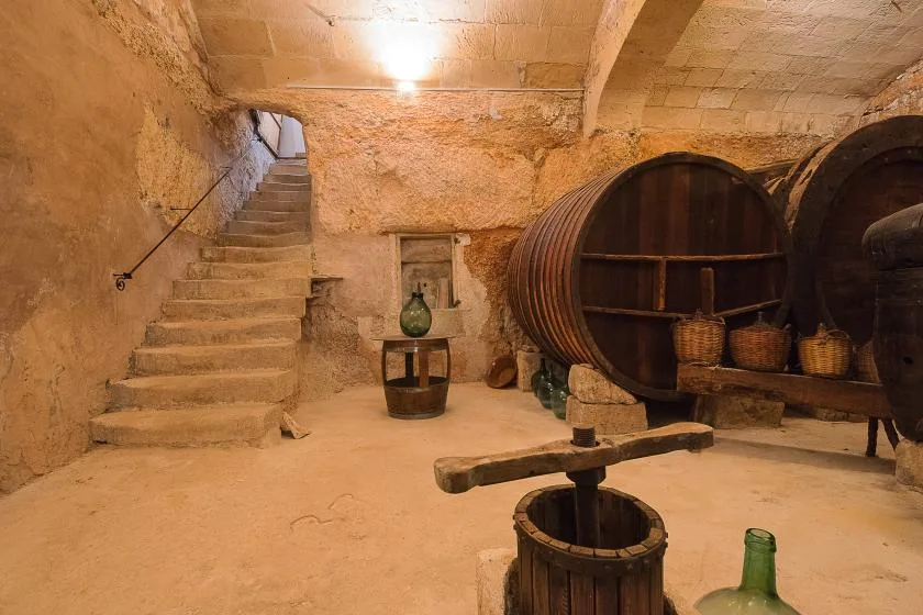 Una bodega de piedra con grandes barriles de madera y una escalera junto a la pared.