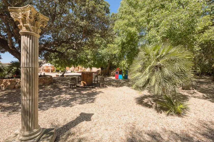 Una zona de descanso sombreada en un jardín con árboles y una palmera.