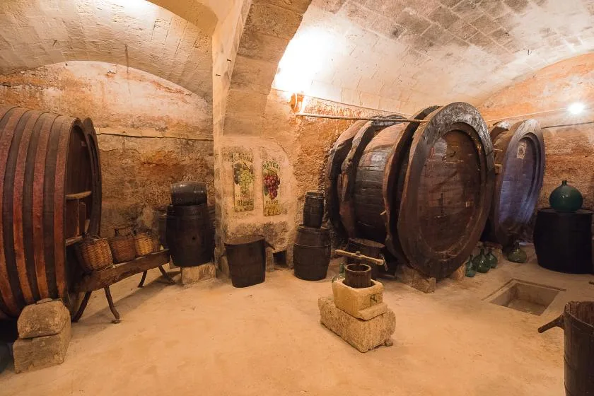 Una bodega abovedada de piedra con grandes barriles de madera y recipientes de almacenamiento.