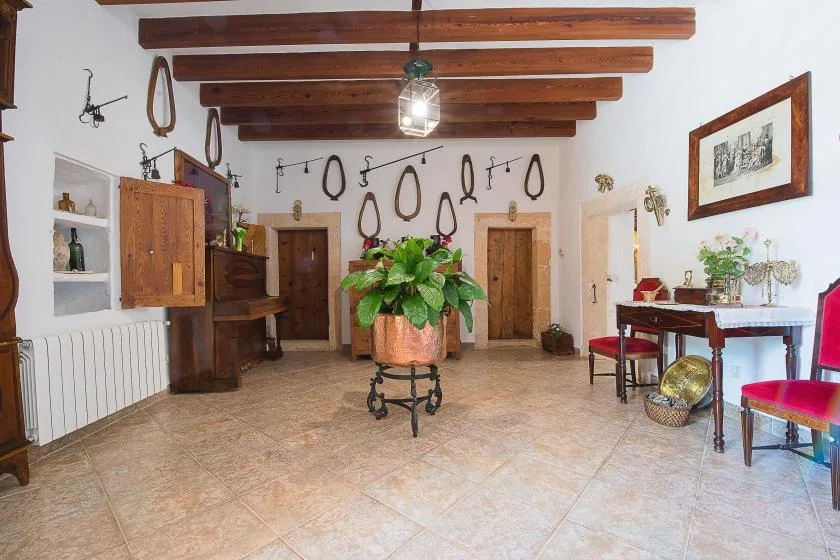 Una sala de estilo rústico con vigas de madera expuestas y una planta en maceta.