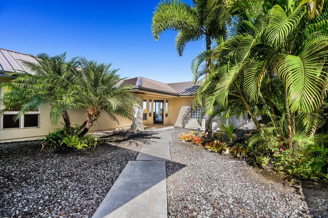 A paved walkway leads through a palm-filled landscaped garden toward a house.