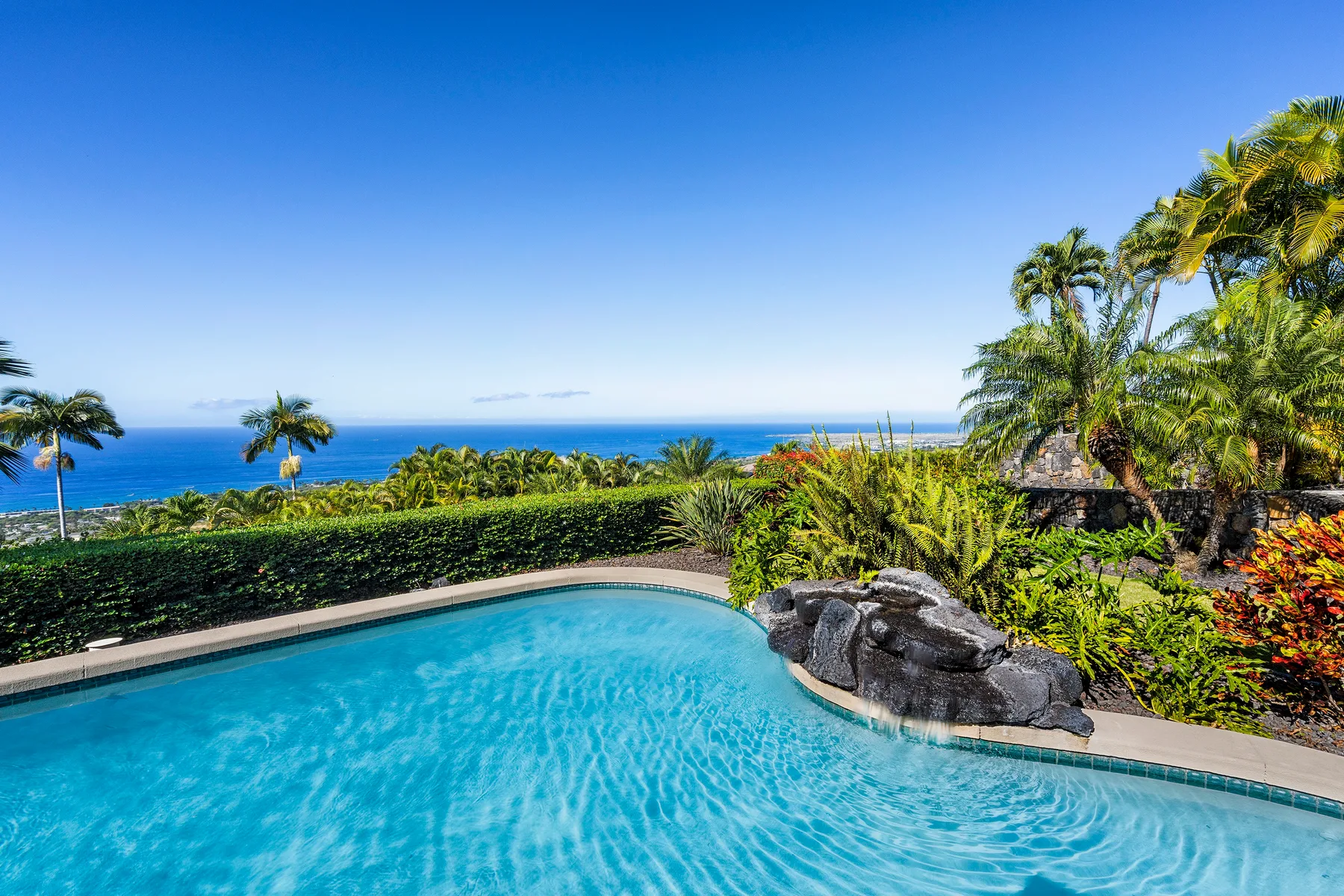 A swimming pool overlooks the ocean, surrounded by tropical plants and palm trees.