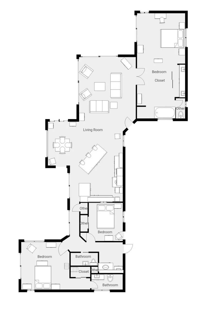 A floor plan shows a living room, bedrooms, and bathrooms.
