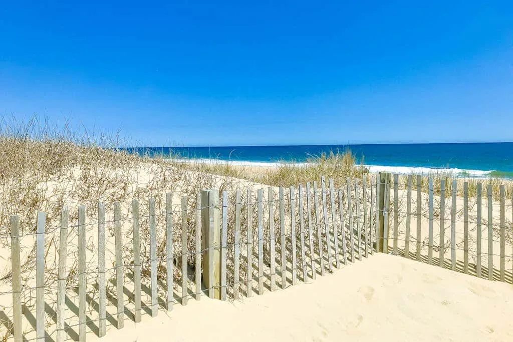 A sandy beach access path runs between wooden fencing toward the ocean.