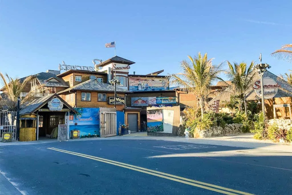 A roadside building with colorful storefronts, palm trees, and a flag under a clear sky.