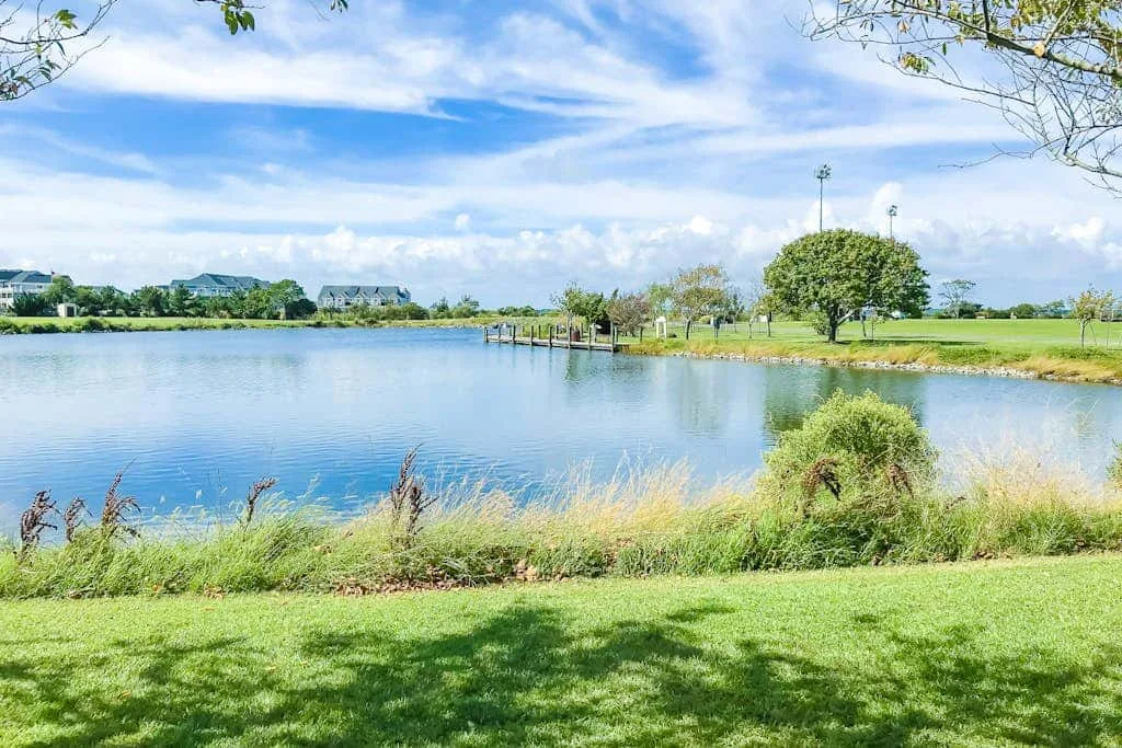 A pond bordered by grassy banks and trees beneath a partly cloudy sky.