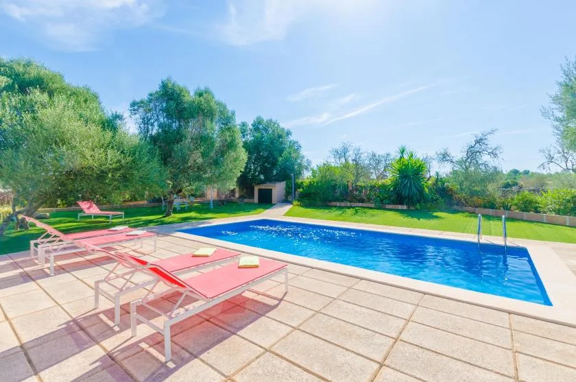 Una piscina al aire libre junto a un patio pavimentado con asientos reclinables.