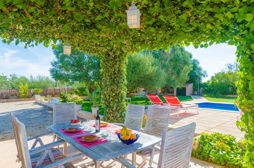 Una zona de comedor al aire libre bajo enredaderas frondosas da a una piscina.