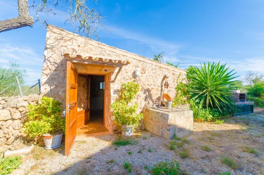 Entrada de piedra con una puerta de madera abierta, plantas y un pequeño lavabo exterior.