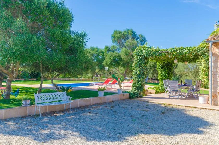 Un patio ajardinado da a una piscina, con asientos bajo una pérgola frondosa.
