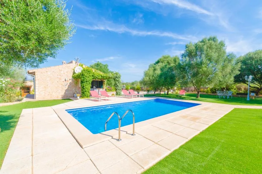 Una piscina al aire libre está rodeada por una terraza pavimentada, césped y árboles.