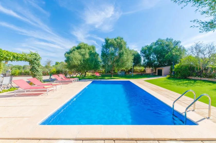 Una piscina al aire libre está rodeada por una terraza pavimentada, tumbonas y césped.