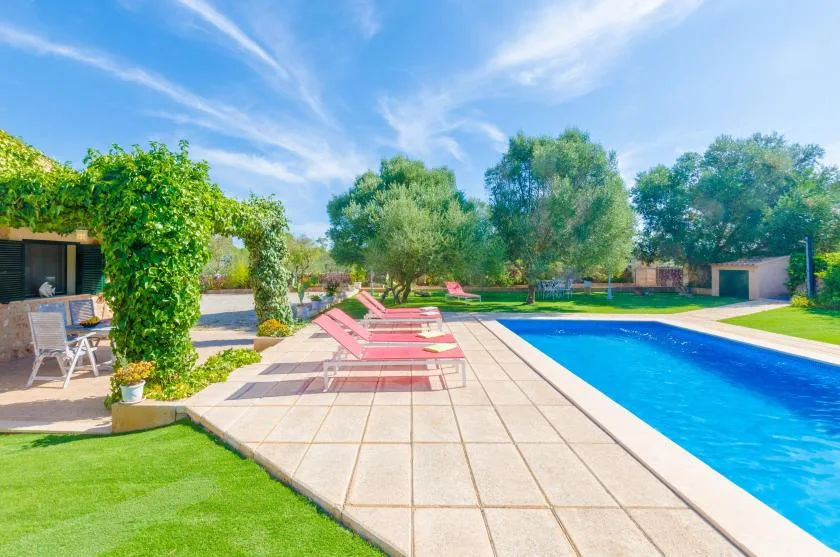 Una piscina al aire libre junto a una terraza pavimentada con tumbonas rosas.