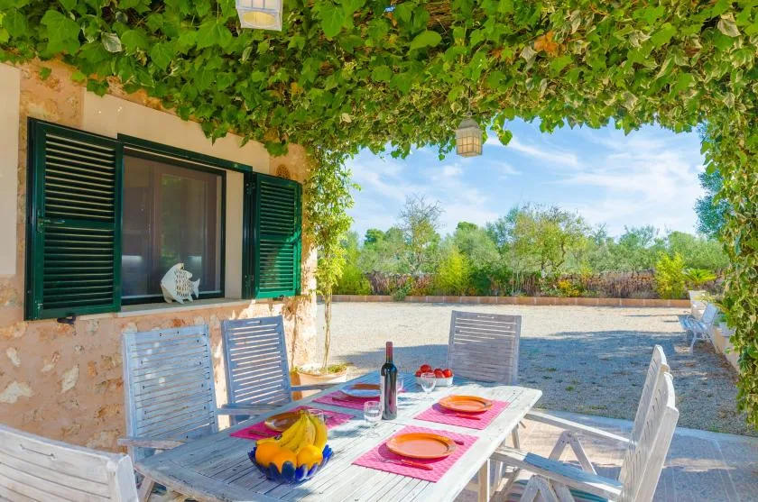 Una zona de comedor exterior a la sombra, con mesa y asientos bajo enredaderas.