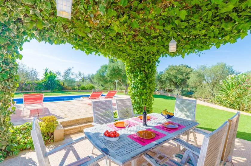 Una zona de comedor al aire libre está bajo enredaderas frondosas, junto a una piscina.
