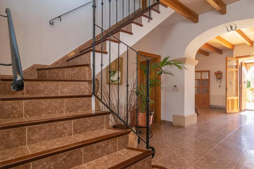 An indoor staircase rises beside an arched opening and potted plants.