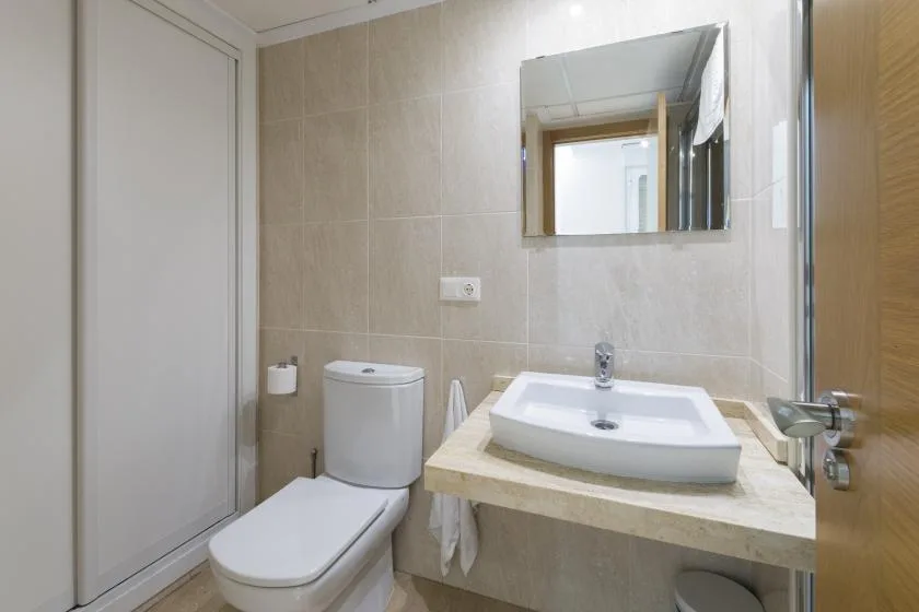 A bathroom with a sink, mirror, and toilet.