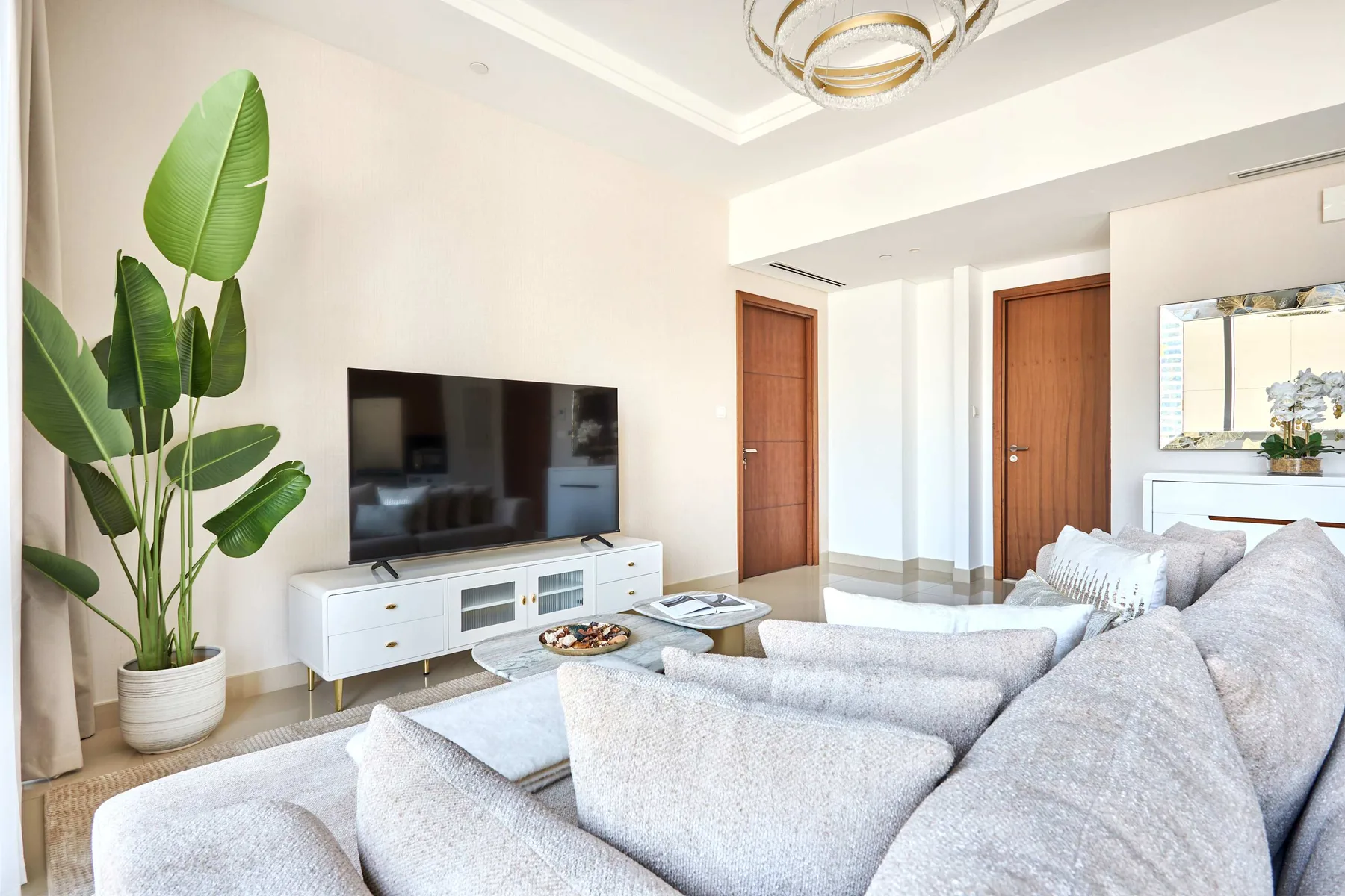 Una sala luminosa con asientos claros, un televisor y una planta grande en maceta.