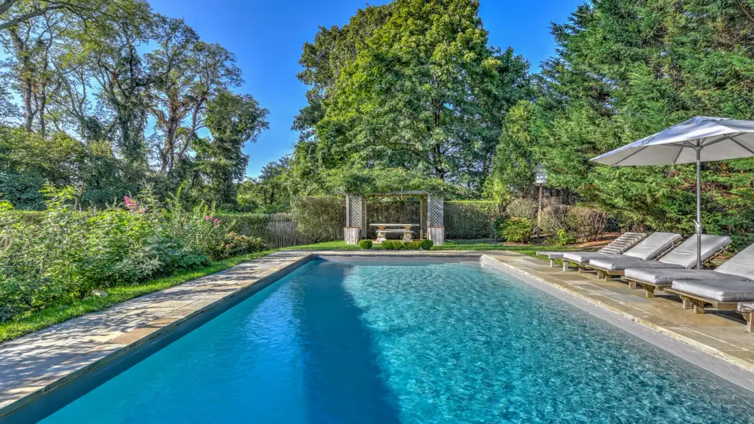 A swimming pool surrounded by greenery, with lounge chairs and an umbrella nearby.