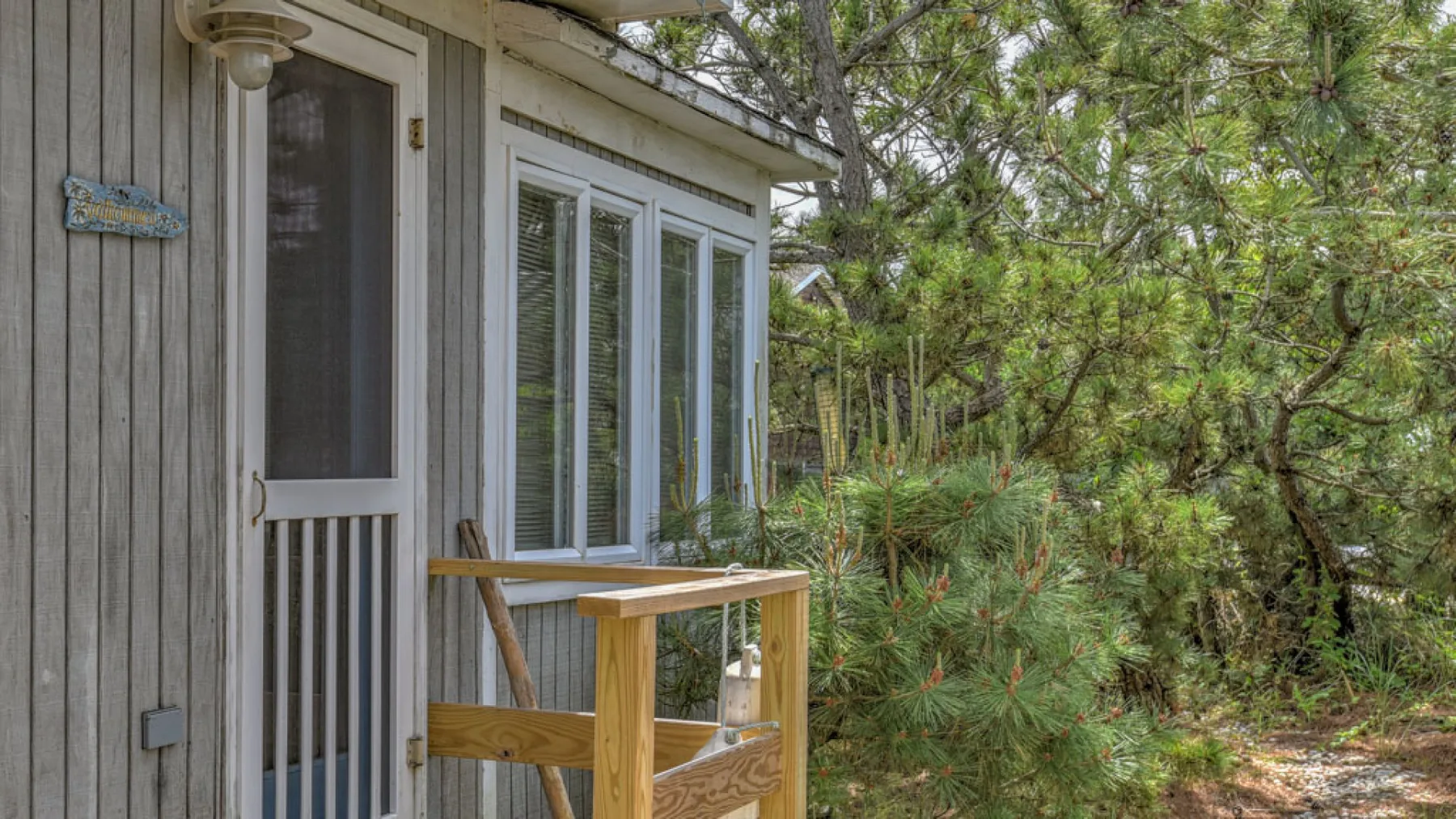 A screened exterior door and windows open onto a small wooden landing beside pine trees.